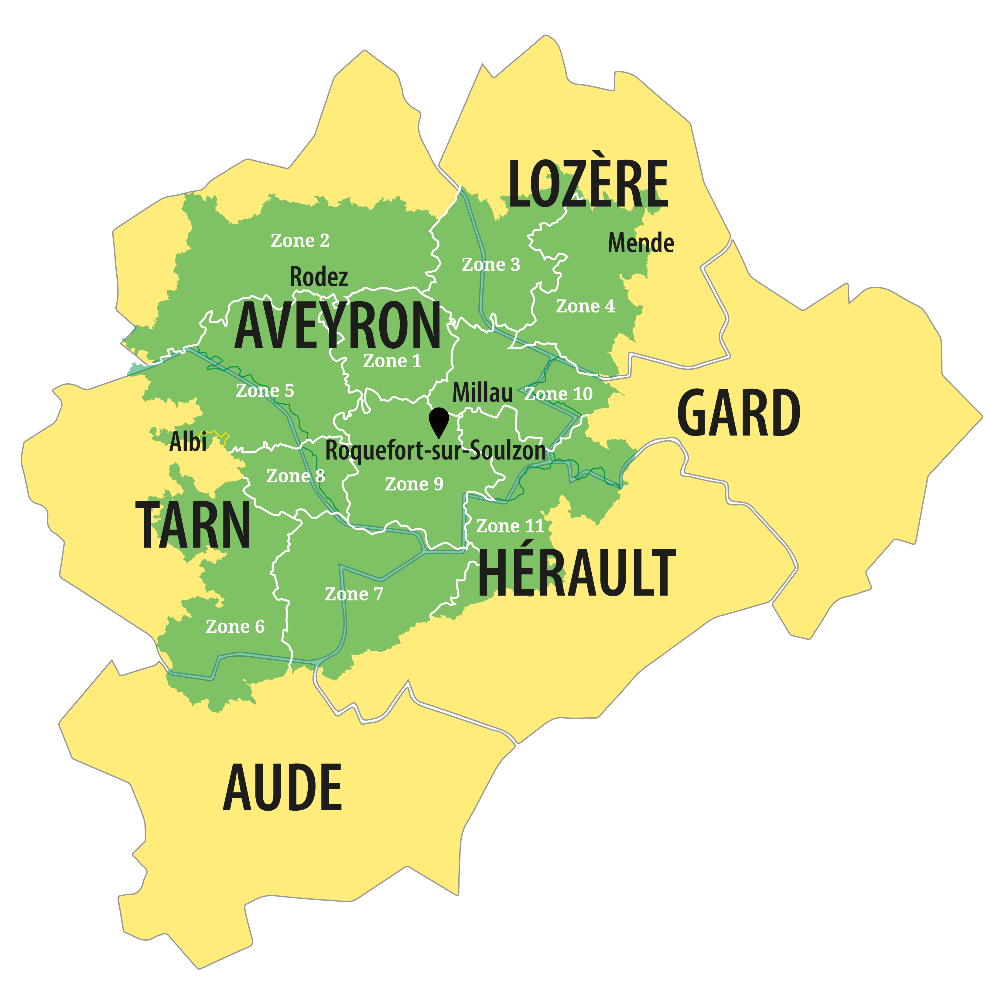 Carte du rayon Roquefort AOP - découpe du territoire en 11 zones.